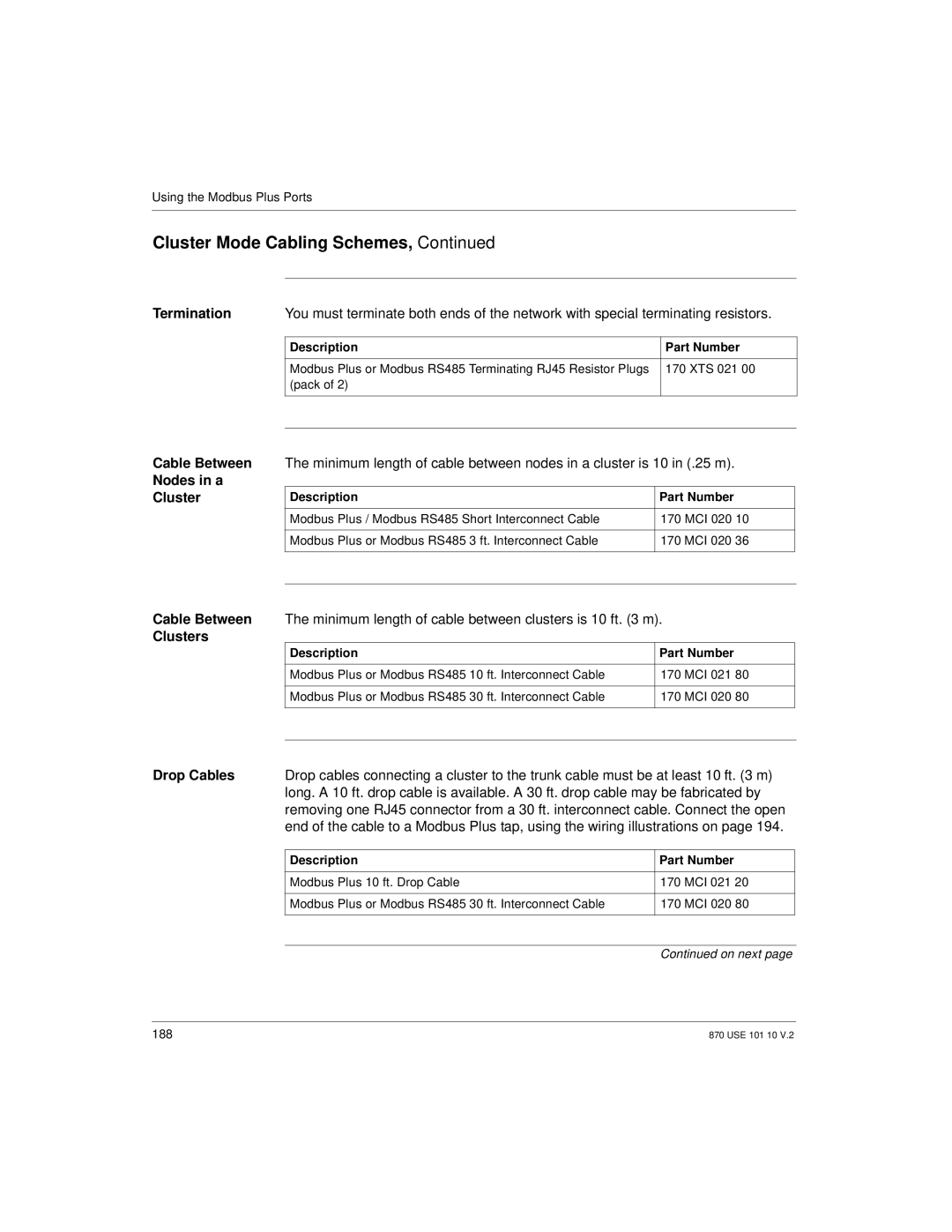 Schneider Electric Processor Adapter manual Termination, Minimum length of cable between clusters is 10 ft m 