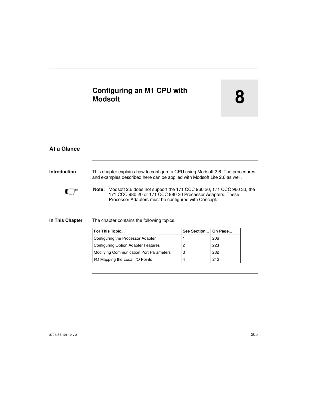 Schneider Electric Processor Adapter manual Configuring an M1 CPU with Modsoft, Chapter contains the following topics 