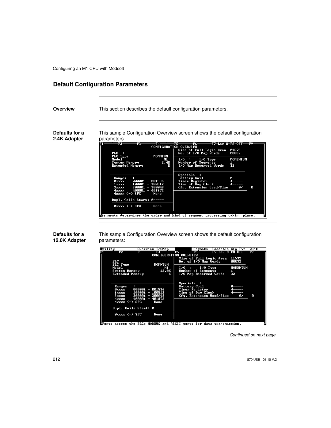 Schneider Electric Processor Adapter manual Default Configuration Parameters, 12.0K Adapter Parameters 