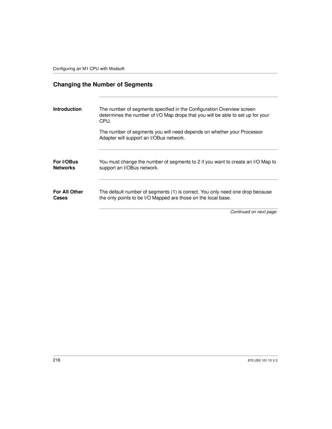 Schneider Electric Processor Adapter manual Changing the Number of Segments, For I/OBus, For All Other, Cases 