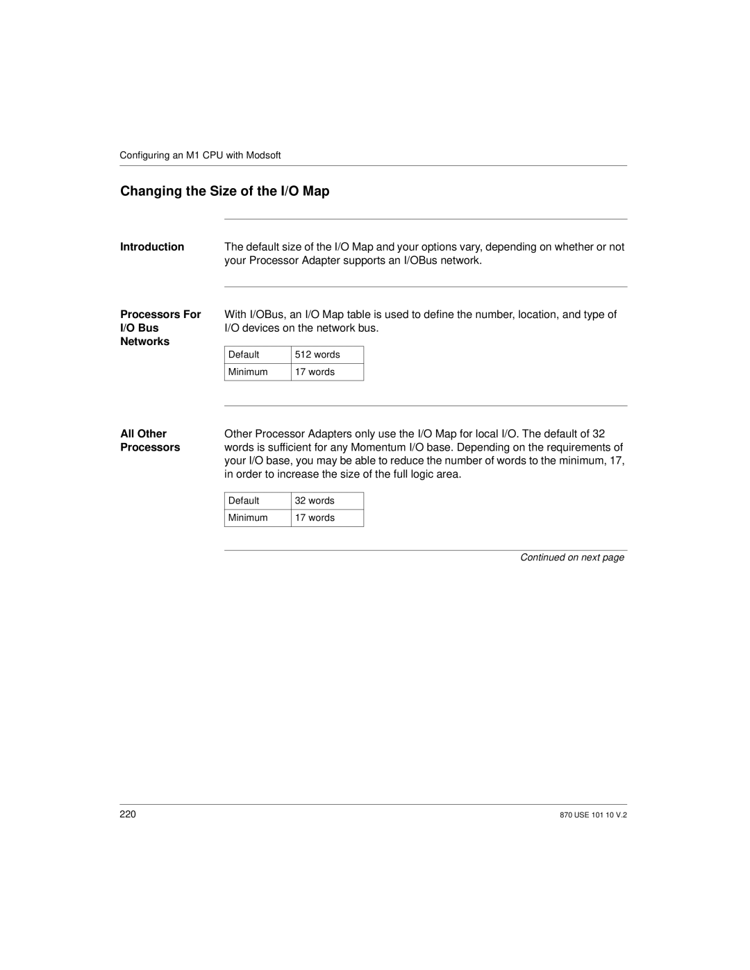 Schneider Electric manual Changing the Size of the I/O Map, Your Processor Adapter supports an I/OBus network, All Other 