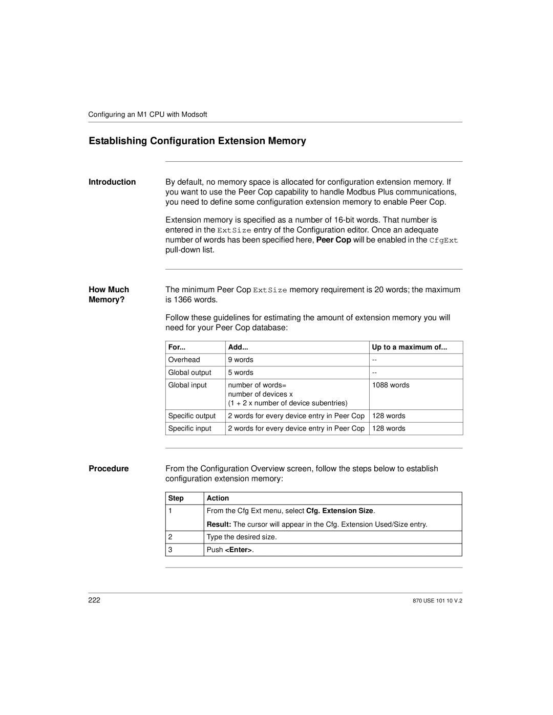 Schneider Electric Processor Adapter manual Establishing Configuration Extension Memory, Pull-down list, How Much, Memory? 