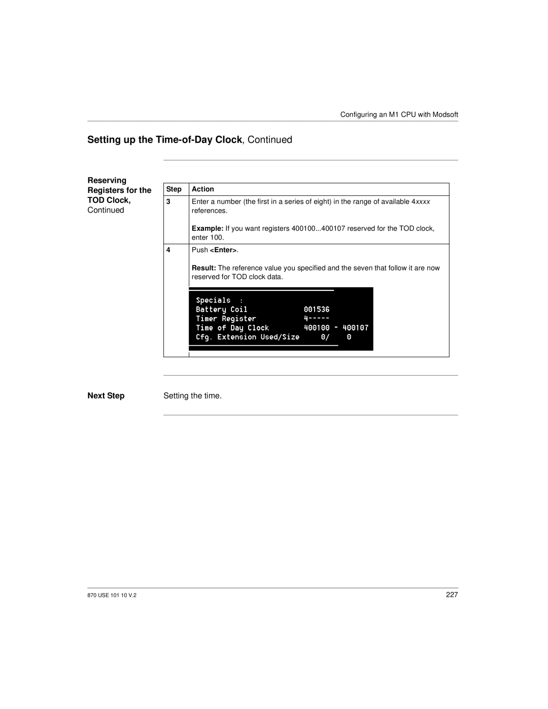 Schneider Electric Processor Adapter manual Reserving Registers for the TOD Clock, Next Step Setting the time 