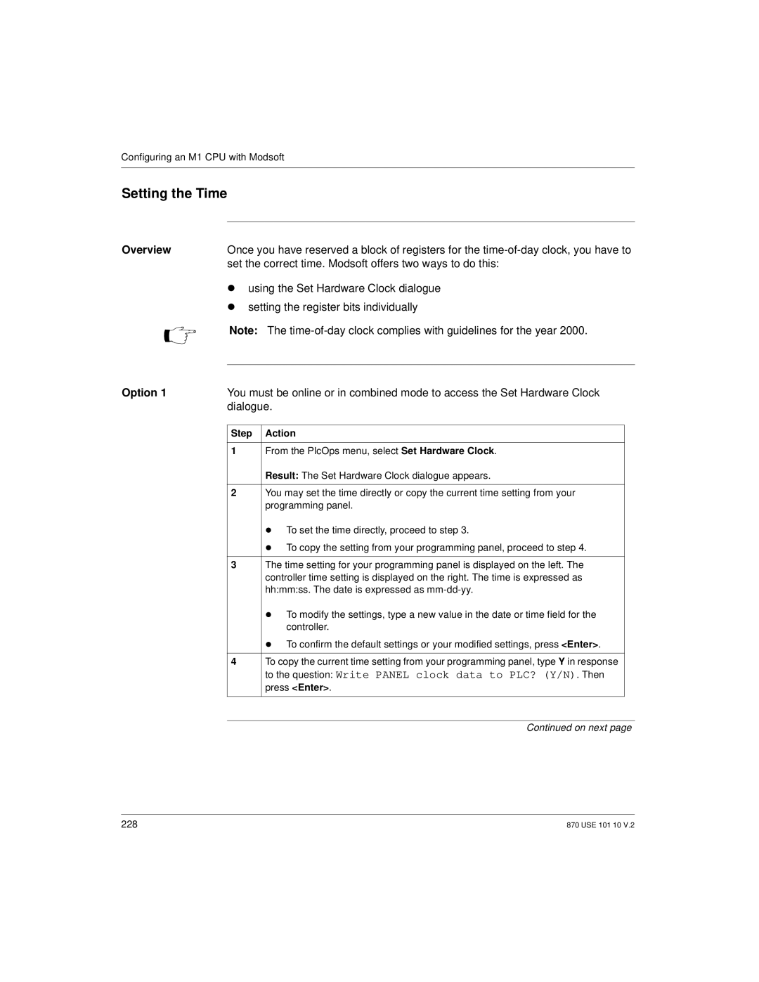 Schneider Electric Processor Adapter manual Setting the Time, Option 