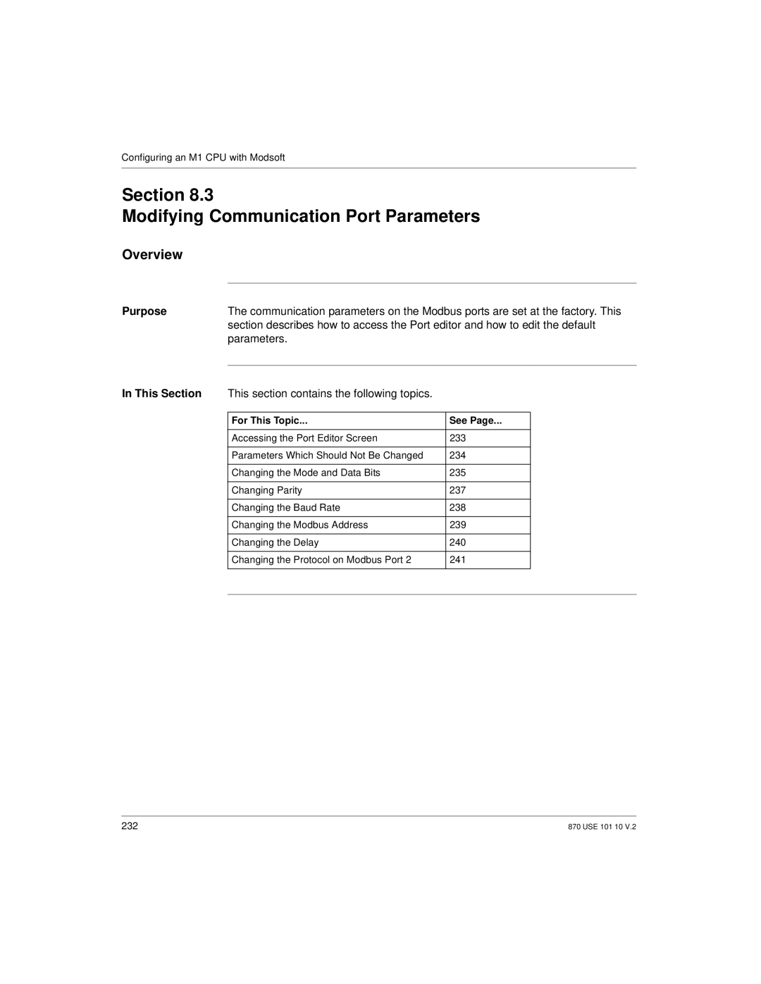 Schneider Electric Processor Adapter manual Section Modifying Communication Port Parameters 