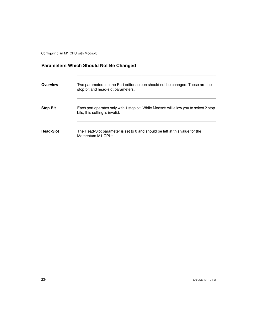 Schneider Electric Processor Adapter manual Parameters Which Should Not Be Changed, Stop Bit, Head-Slot 