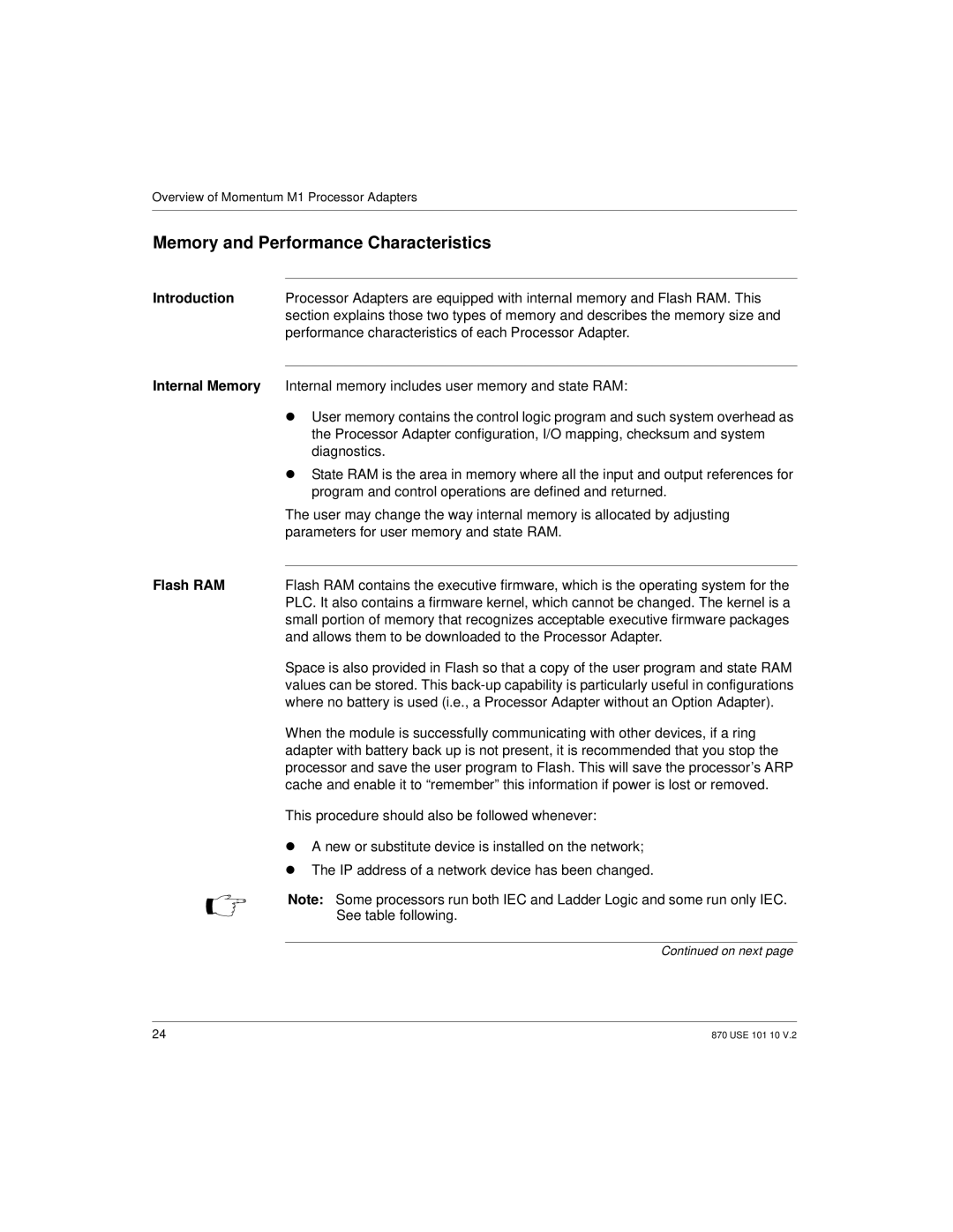 Schneider Electric Processor Adapter manual Memory and Performance Characteristics, Internal Memory, Flash RAM 