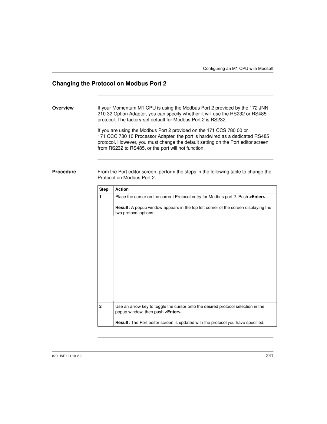 Schneider Electric Processor Adapter manual Changing the Protocol on Modbus Port 