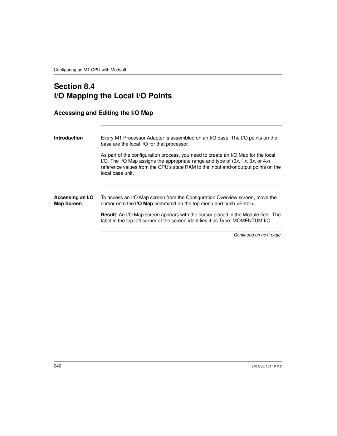 Schneider Electric Processor Adapter Section Mapping the Local I/O Points, Accessing and Editing the I/O Map, Map Screen 