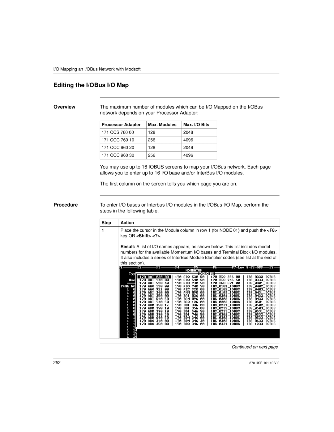 Schneider Electric manual Editing the I/OBus I/O Map, Processor Adapter Max. Modules Max. I/O Bits 