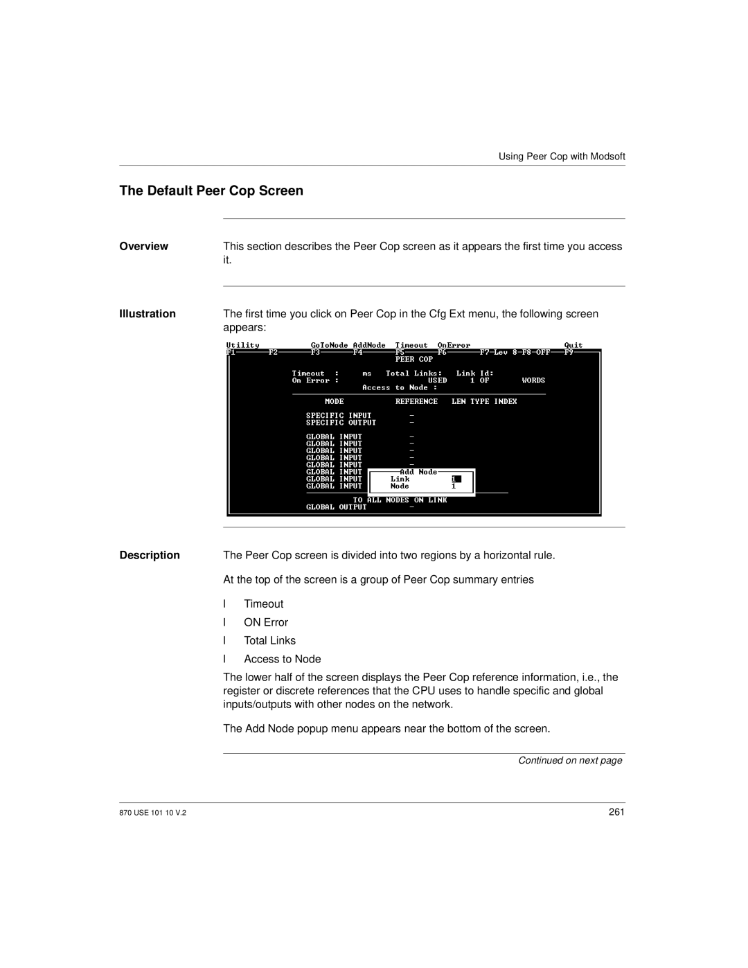 Schneider Electric Processor Adapter manual Default Peer Cop Screen, Description 