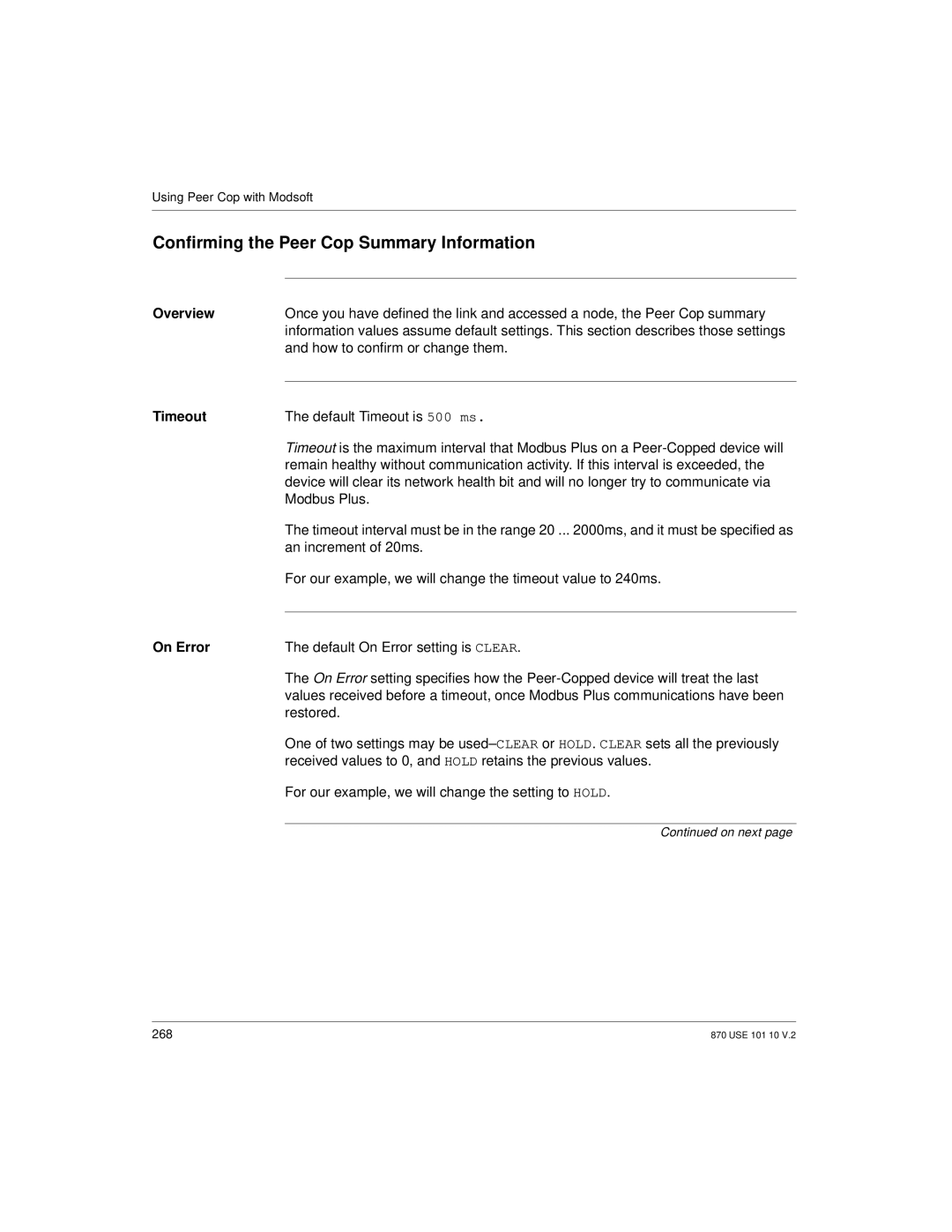 Schneider Electric Processor Adapter manual Confirming the Peer Cop Summary Information, Timeout, On Error 