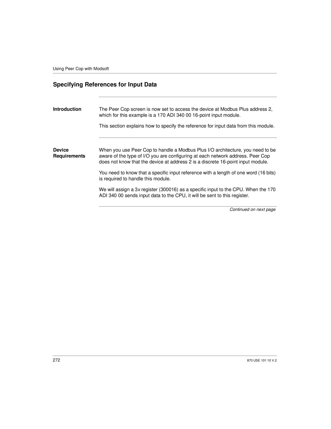 Schneider Electric Processor Adapter manual Specifying References for Input Data, Device, Requirements 