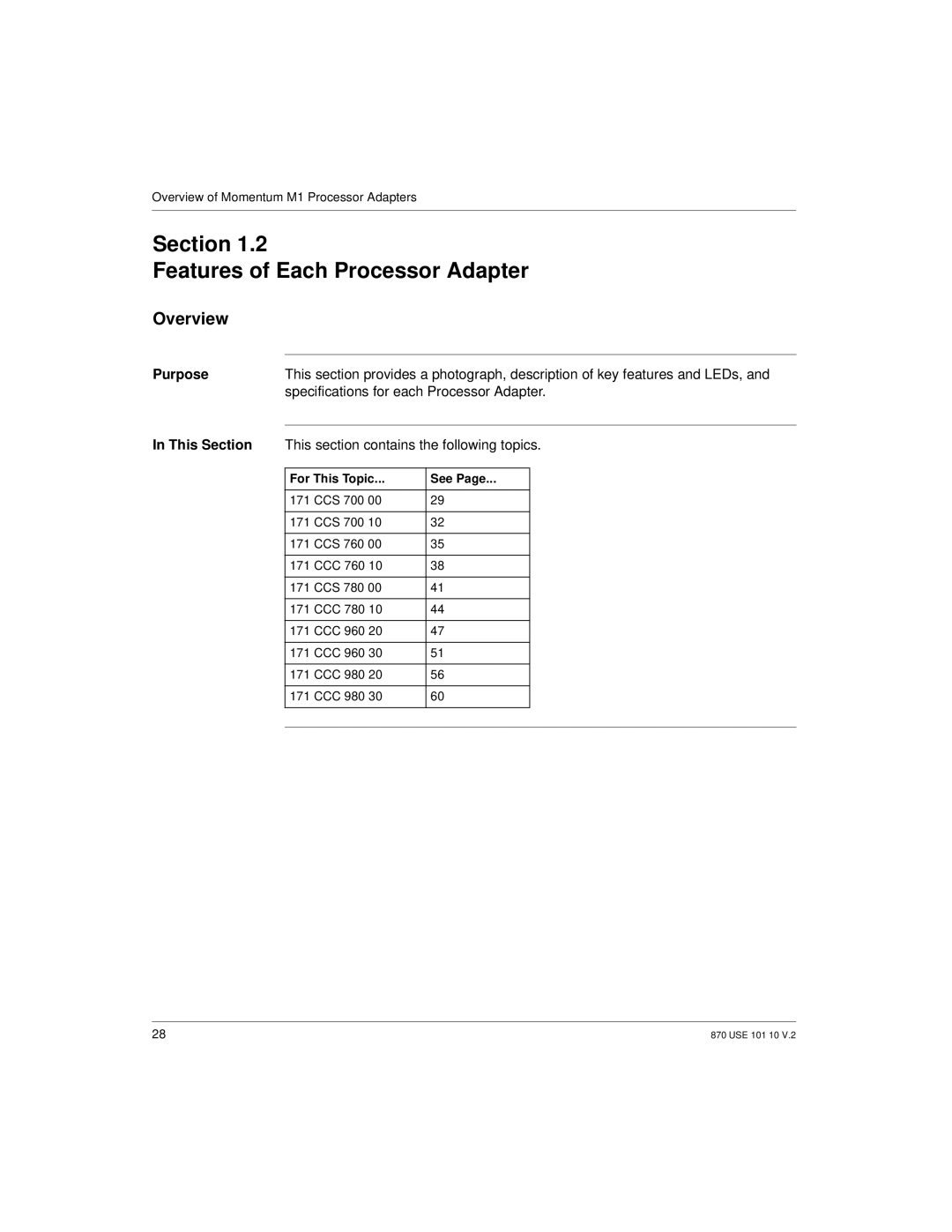 Schneider Electric manual Section Features of Each Processor Adapter, Specifications for each Processor Adapter 