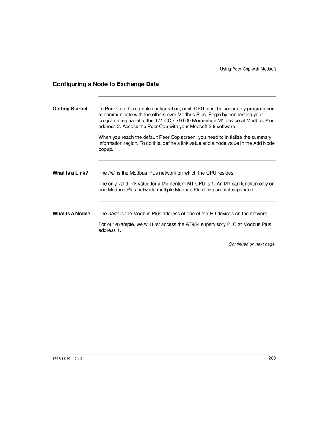 Schneider Electric Processor Adapter manual Configuring a Node to Exchange Data 