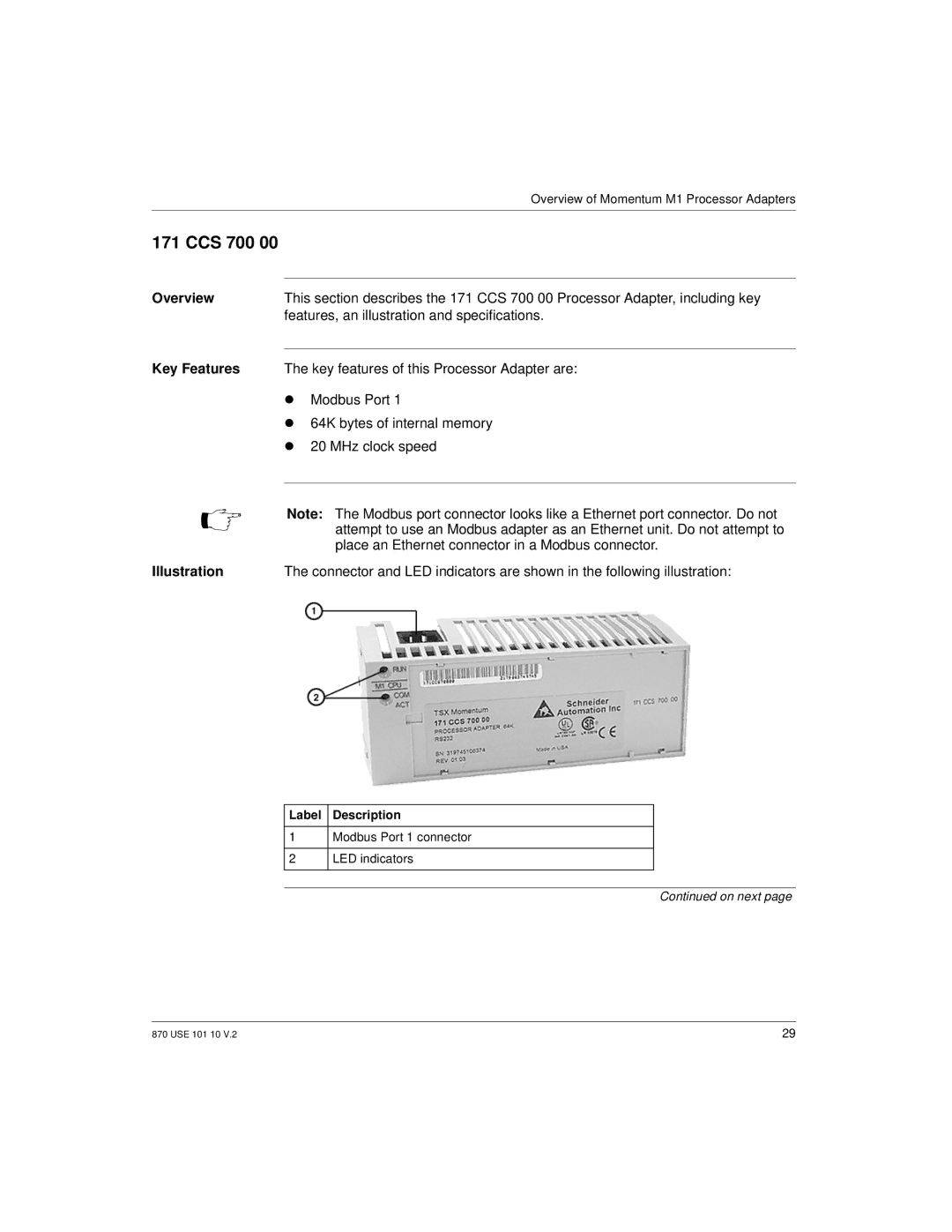 Schneider Electric Processor Adapter manual CCS 700, Overview, Features, an illustration and specifications 