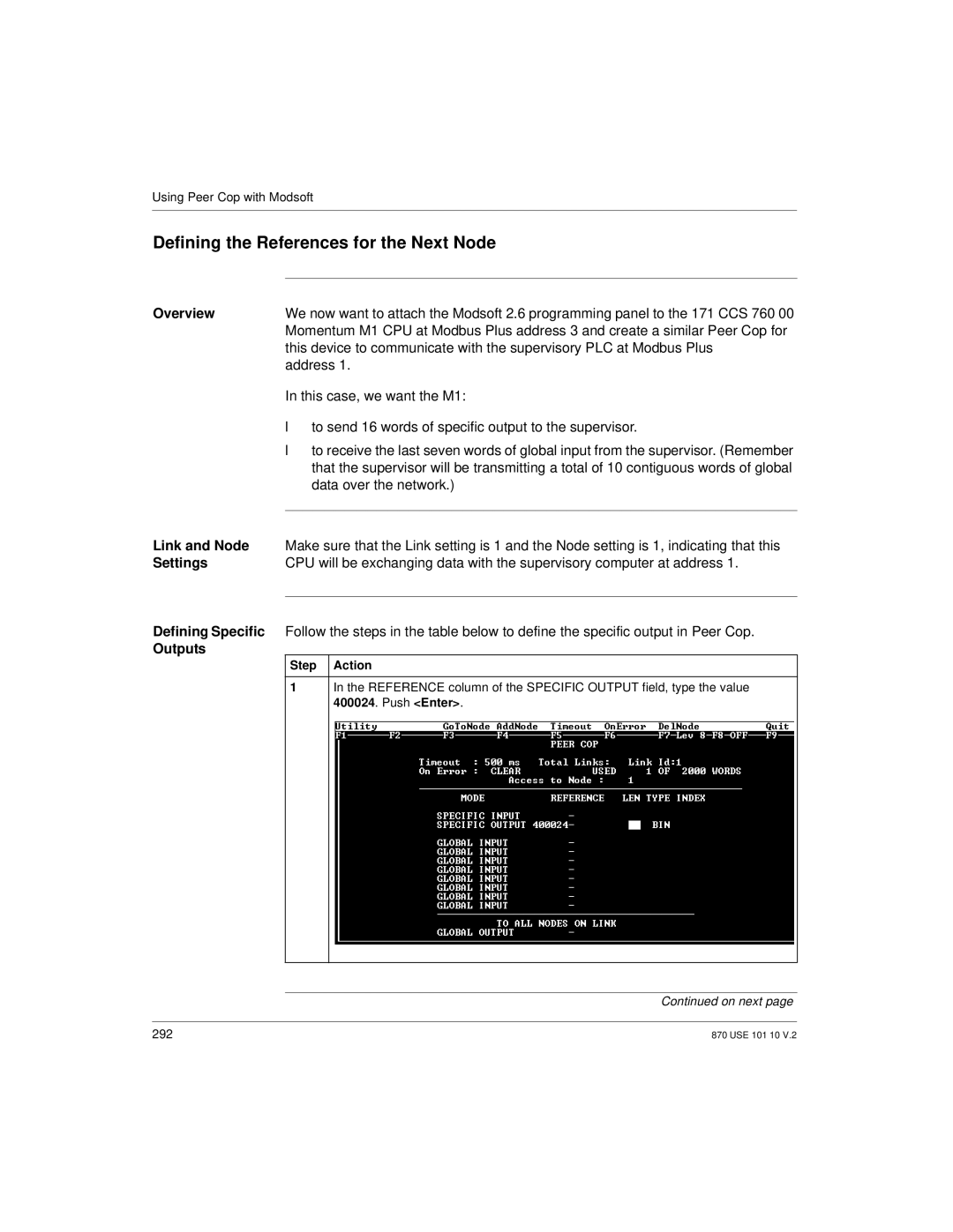 Schneider Electric Processor Adapter Defining the References for the Next Node, Link and Node, Defining Specific, Outputs 