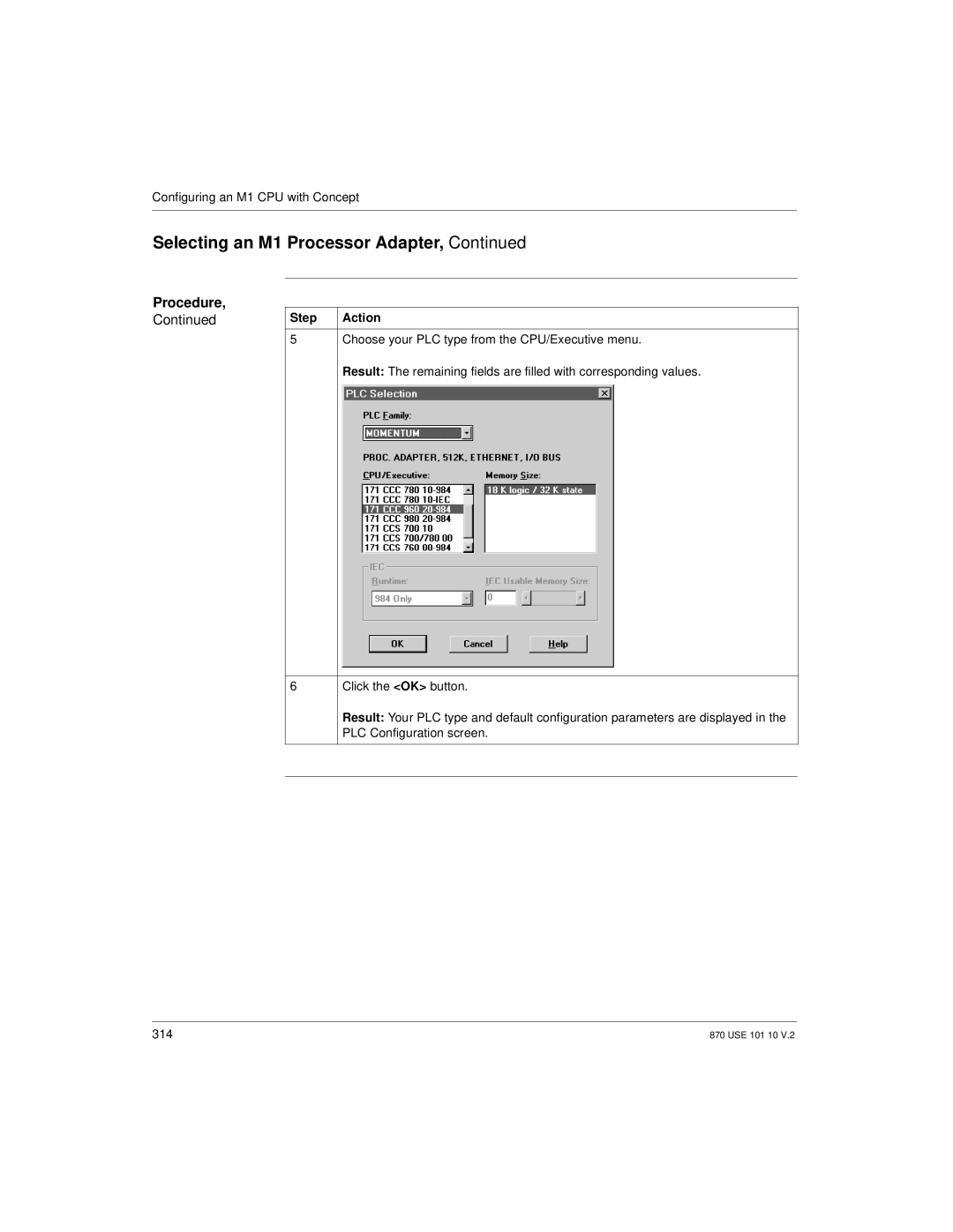 Schneider Electric Processor Adapter manual Step Action Choose your PLC type from the CPU/Executive menu 