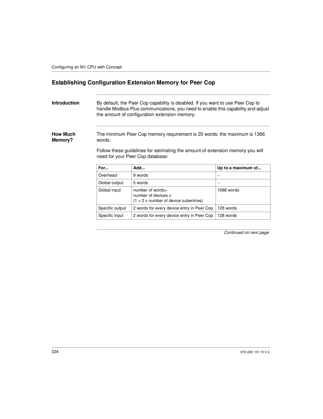 Schneider Electric Processor Adapter manual Establishing Configuration Extension Memory for Peer Cop 