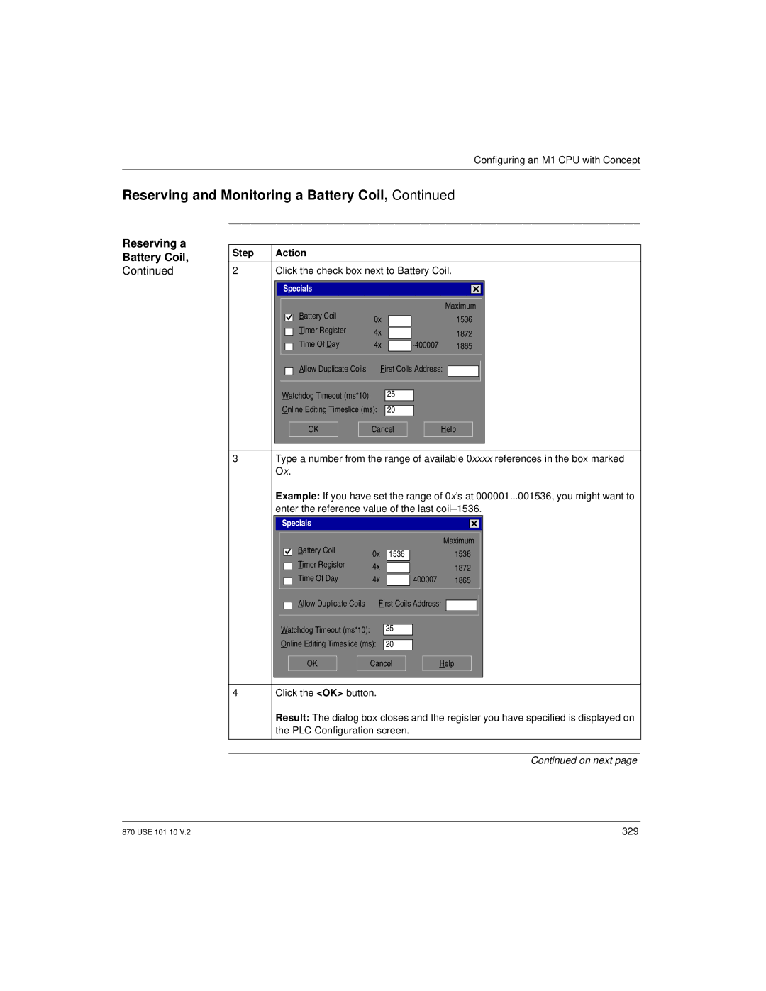 Schneider Electric Processor Adapter manual Reserving a Battery Coil, Step Action Click the check box next to Battery Coil 