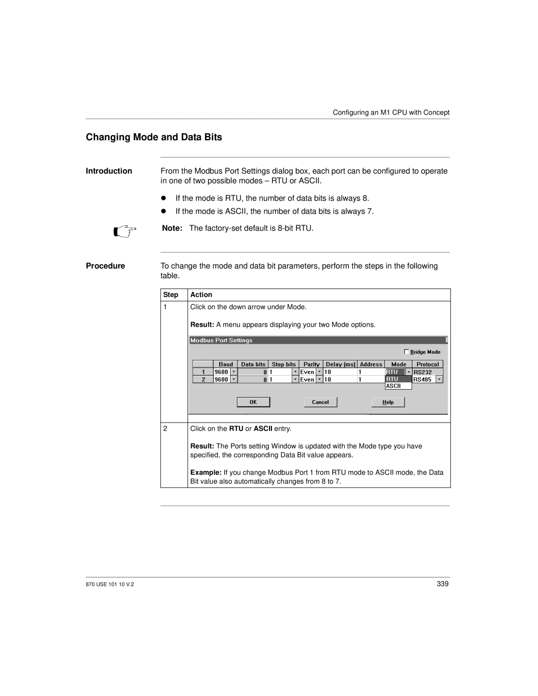 Schneider Electric Processor Adapter manual Changing Mode and Data Bits, One of two possible modes RTU or Ascii 