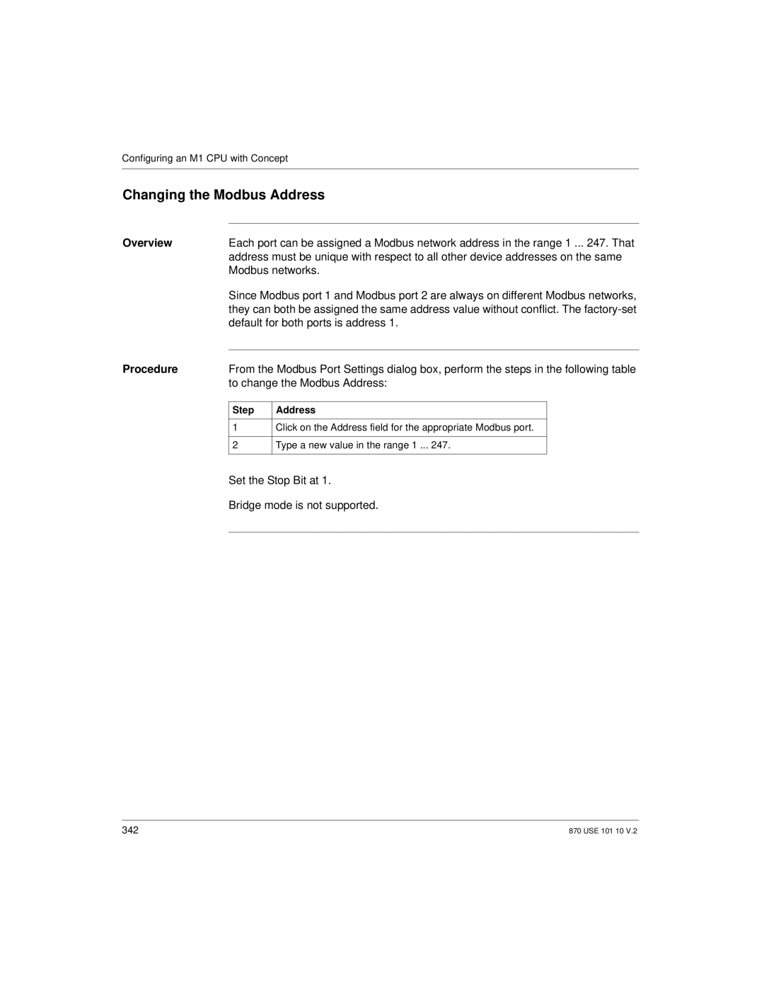 Schneider Electric Processor Adapter manual To change the Modbus Address, Set the Stop Bit at Bridge mode is not supported 