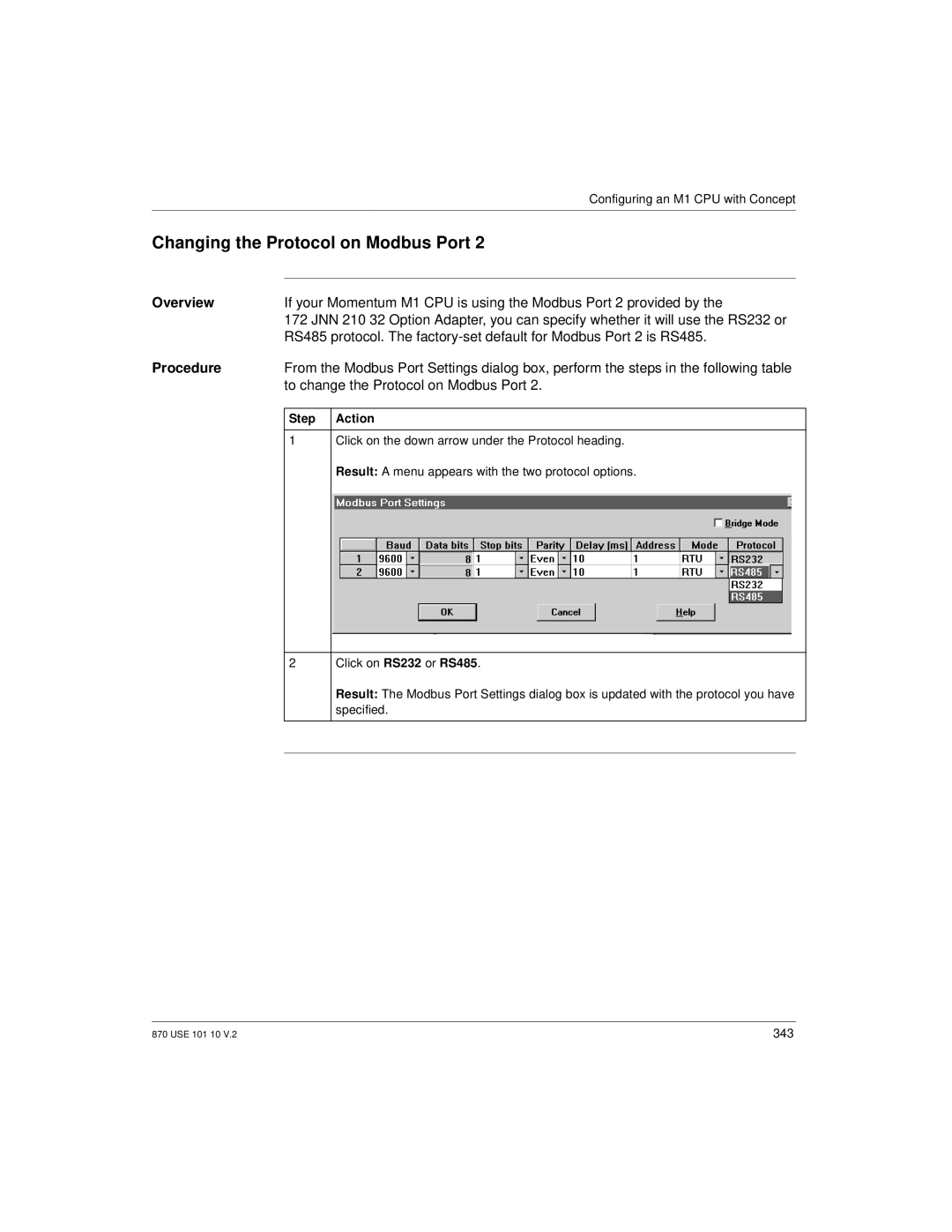 Schneider Electric Processor Adapter manual Changing the Protocol on Modbus Port, To change the Protocol on Modbus Port 