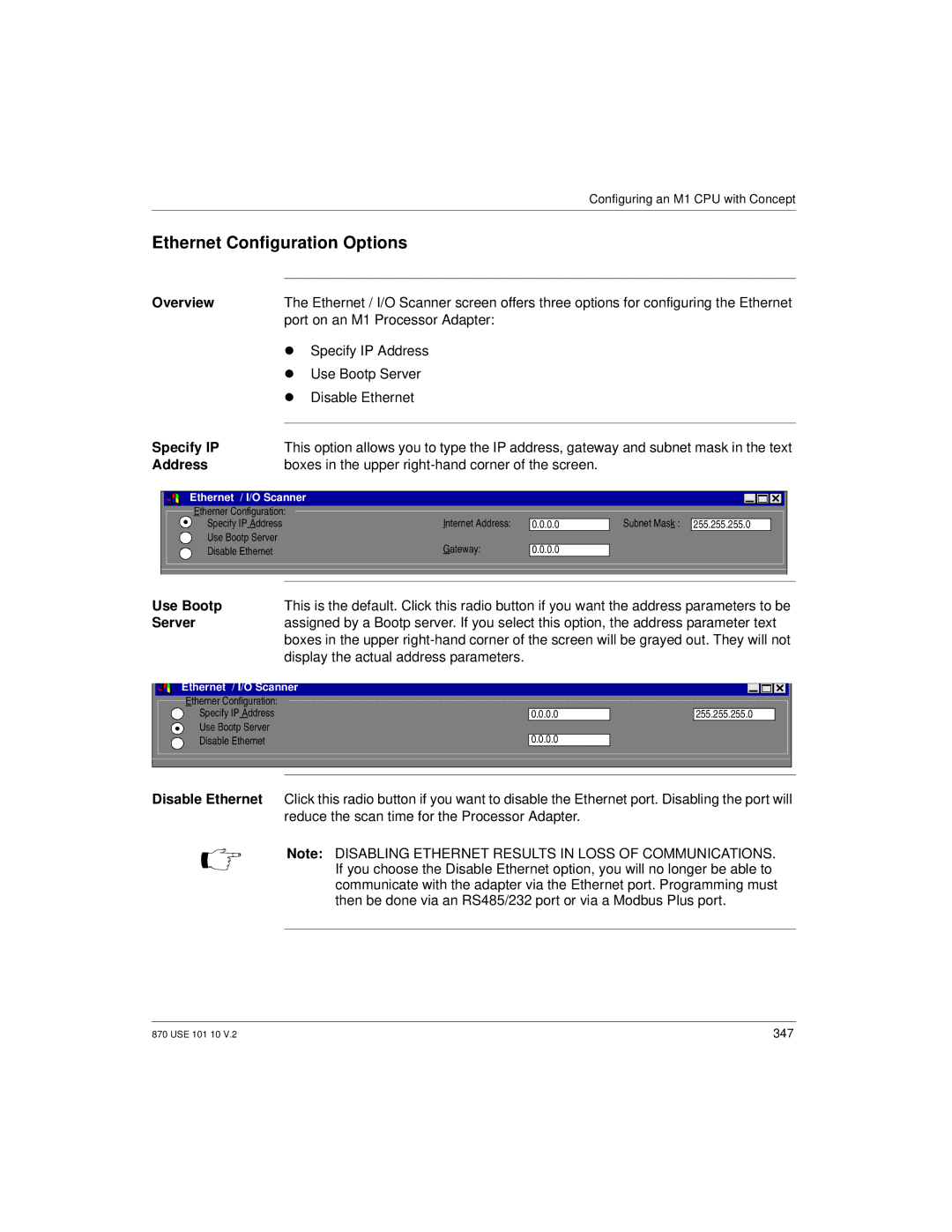 Schneider Electric Processor Adapter manual Ethernet Configuration Options, Specify IP, Use Bootp 