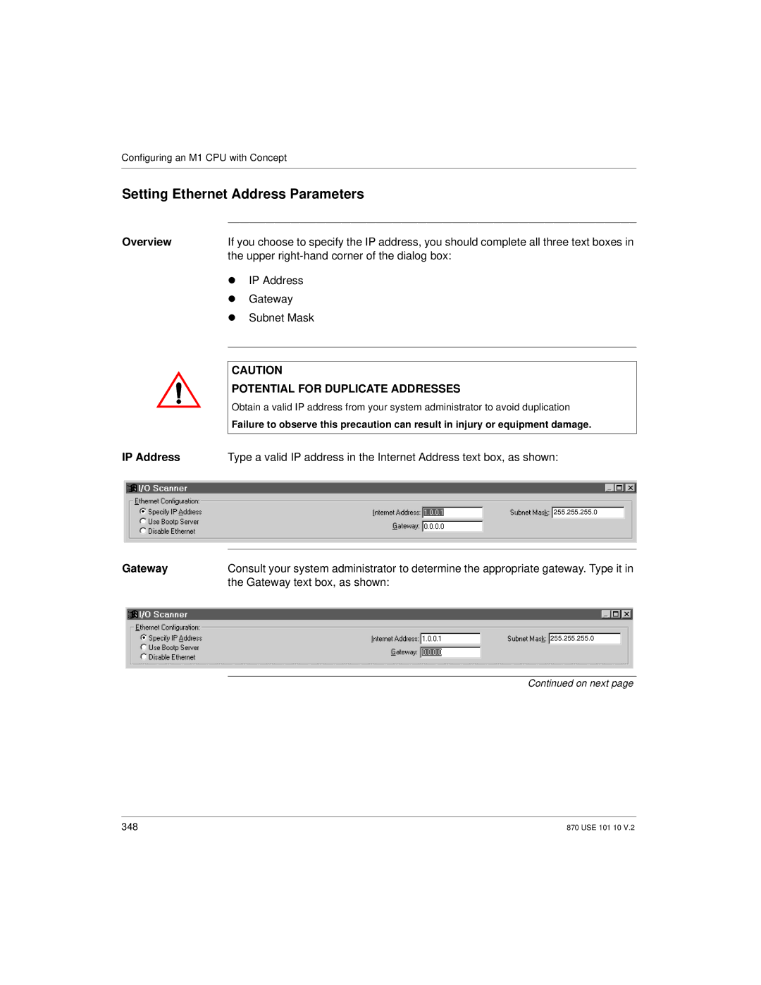 Schneider Electric Processor Adapter manual Setting Ethernet Address Parameters, IP Address, Gateway 