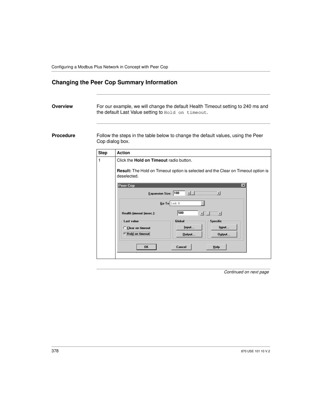 Schneider Electric Processor Adapter manual Changing the Peer Cop Summary Information 