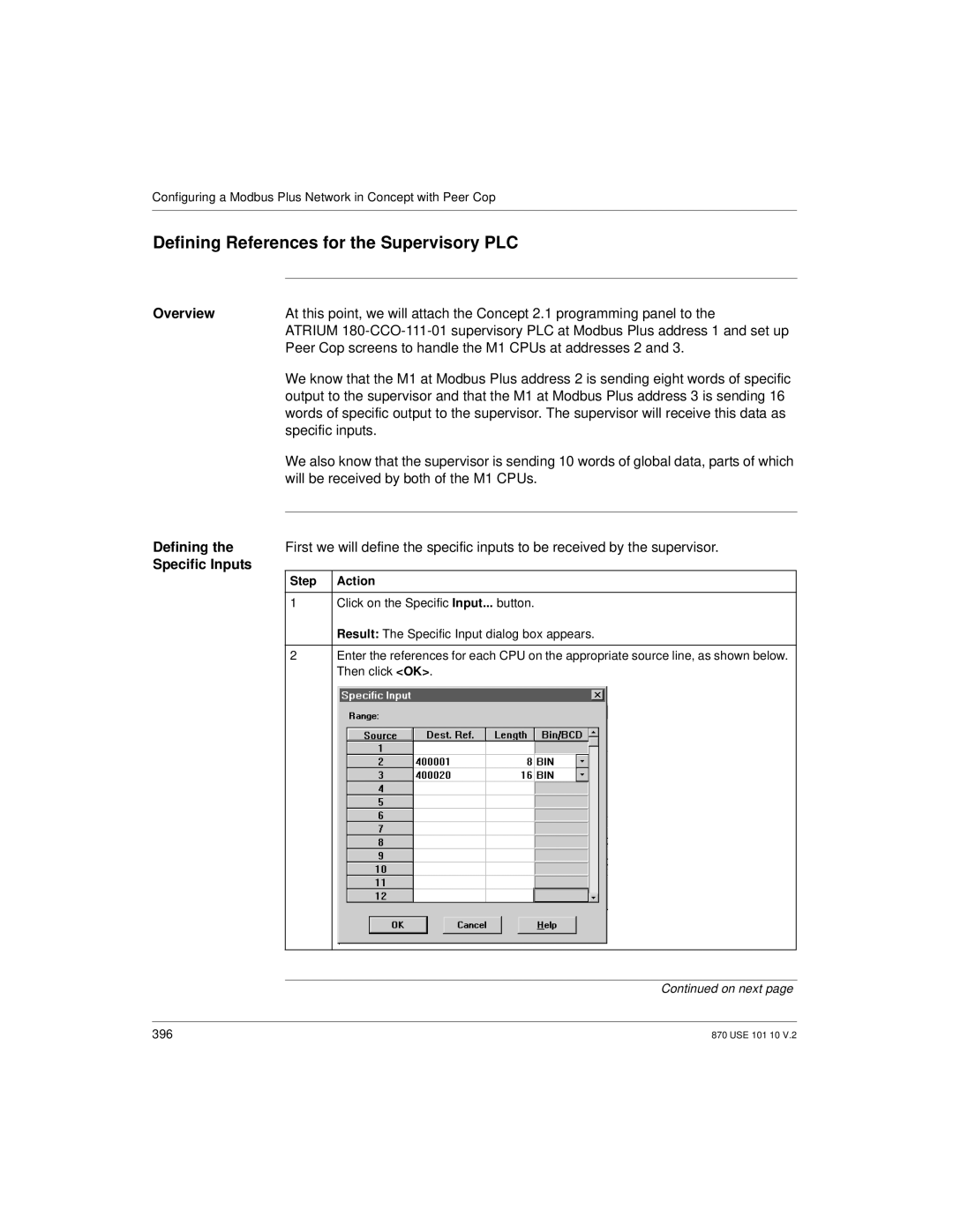 Schneider Electric Processor Adapter manual Defining References for the Supervisory PLC, Specific Inputs 