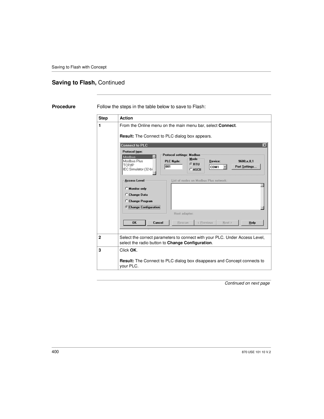 Schneider Electric Processor Adapter manual Saving to Flash with Concept 