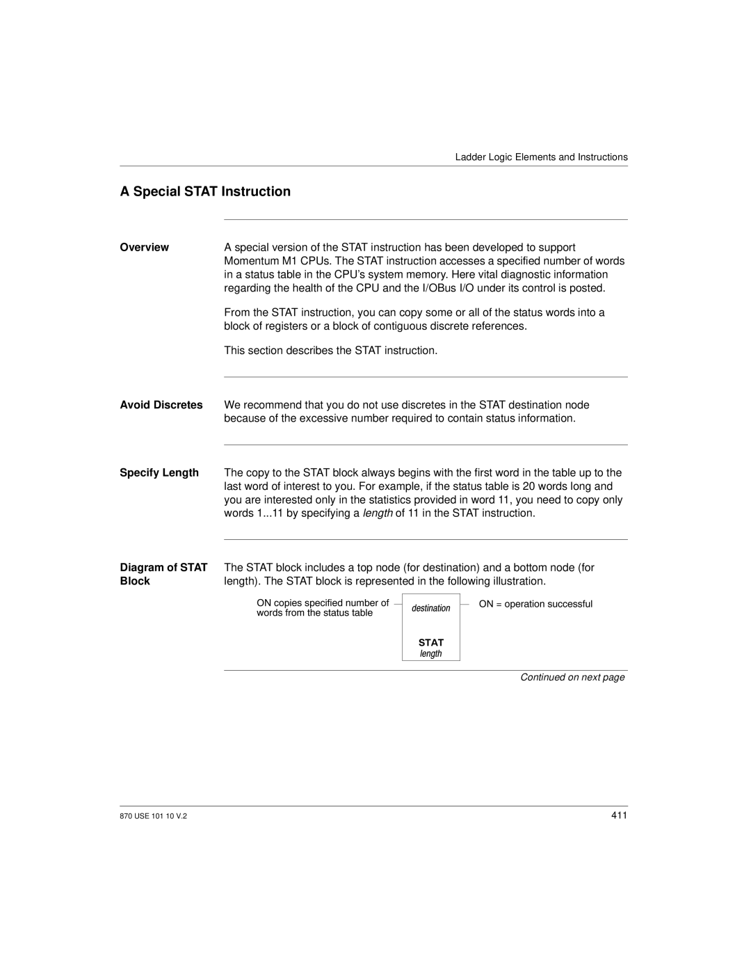 Schneider Electric Processor Adapter Special Stat Instruction, Avoid Discretes, Specify Length, Diagram of Stat, Block 