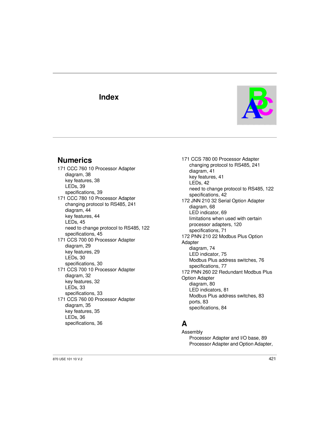 Schneider Electric Processor Adapter manual Index Numerics 