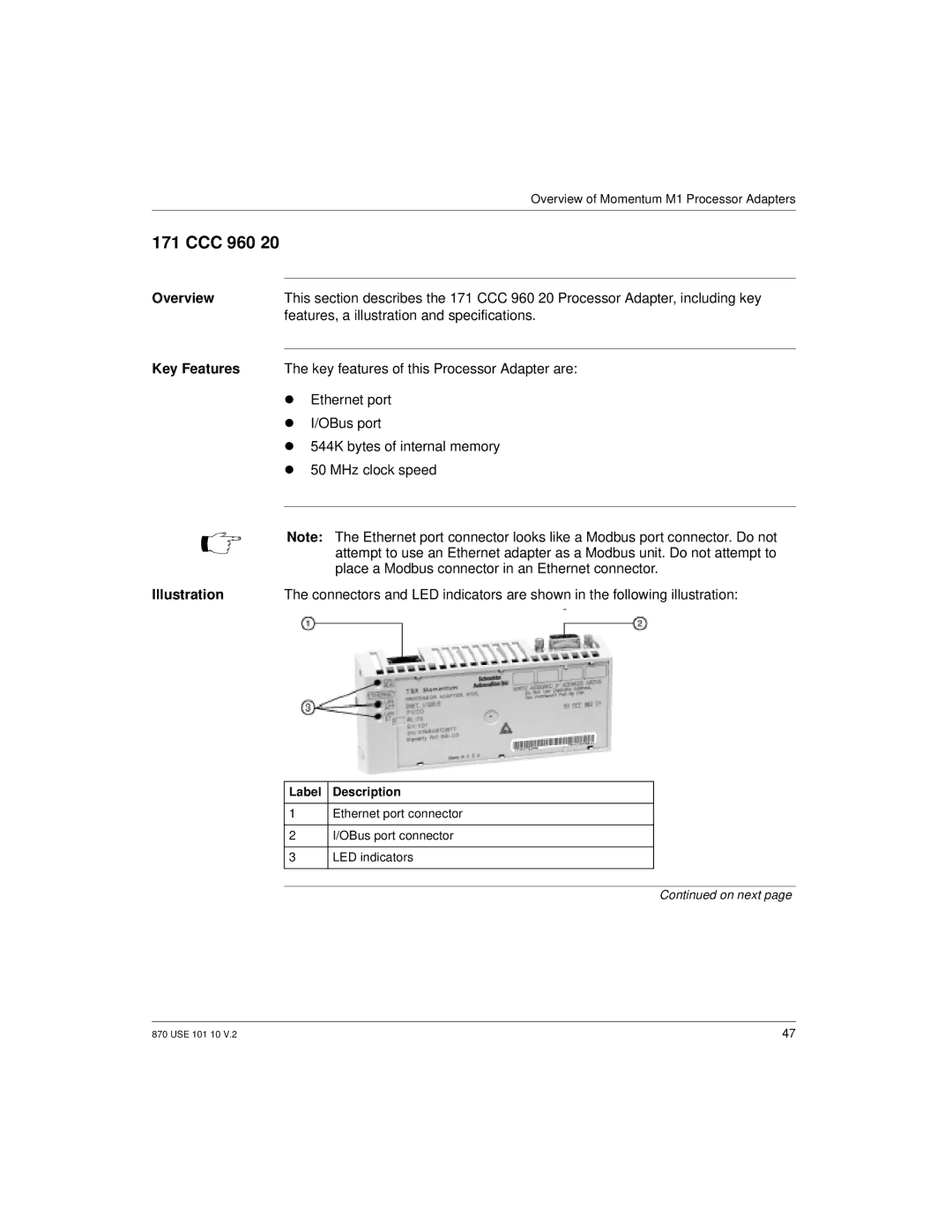 Schneider Electric Processor Adapter manual CCC 960, Features, a illustration and specifications 