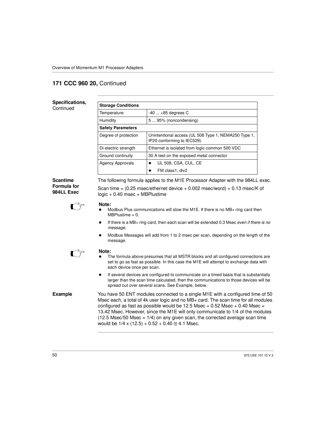 Schneider Electric Processor Adapter manual Scantime Formula for 984LL Exec Example, Storage Conditions 