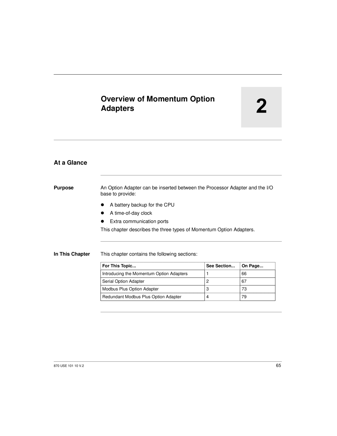 Schneider Electric Processor Adapter manual Overview of Momentum Option Adapters, This Chapter 