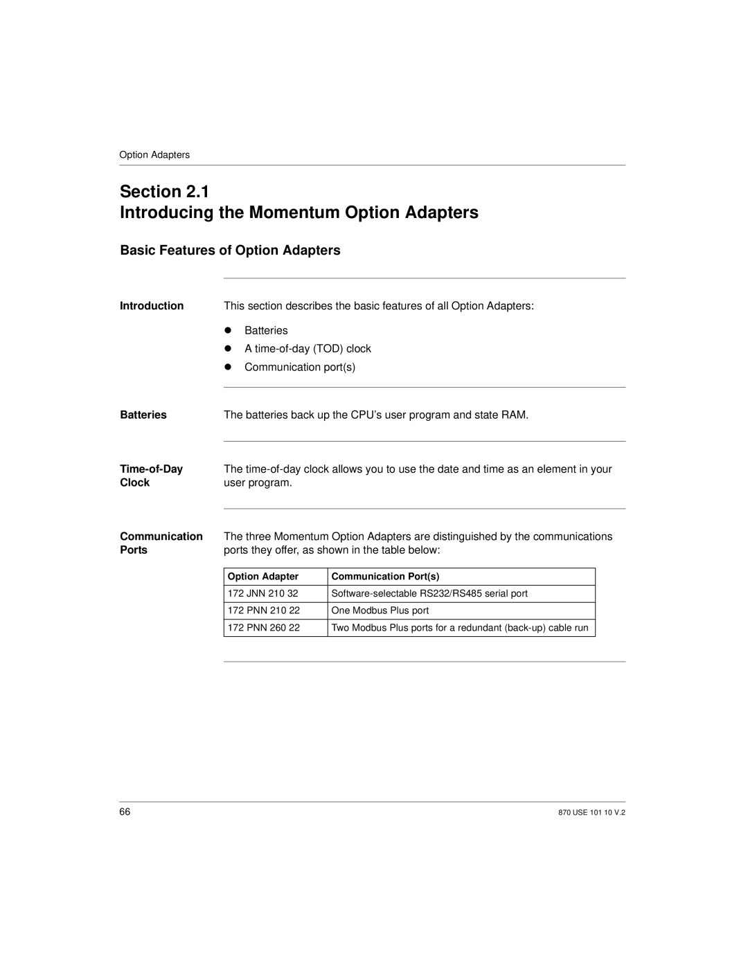 Schneider Electric Processor Adapter Section Introducing the Momentum Option Adapters, Basic Features of Option Adapters 