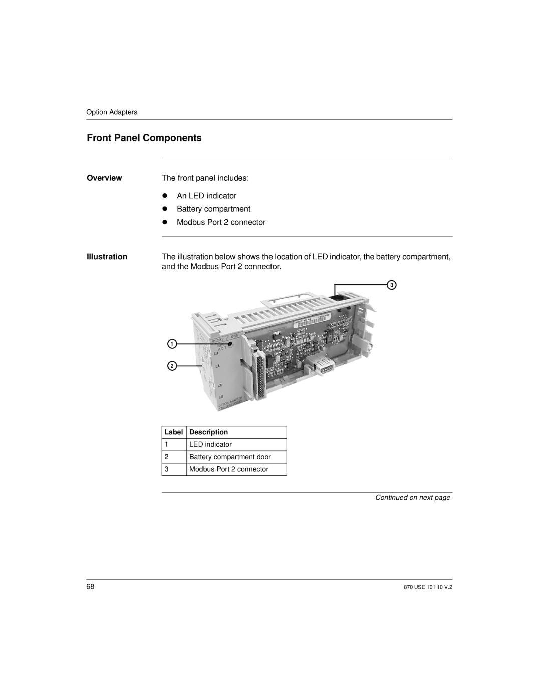 Schneider Electric Processor Adapter Front Panel Components, Front panel includes, An LED indicator, Battery compartment 