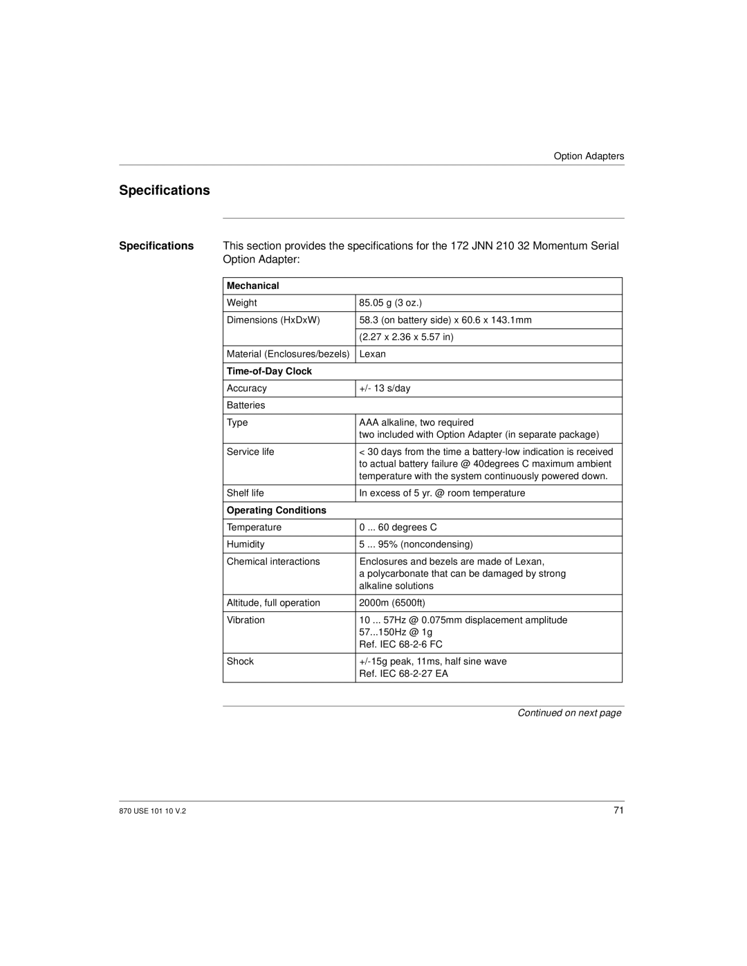 Schneider Electric Processor Adapter manual Specifications, Time-of-Day Clock 