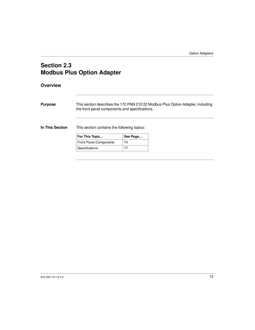 Schneider Electric Processor Adapter manual Section Modbus Plus Option Adapter, This section contains the following topics 