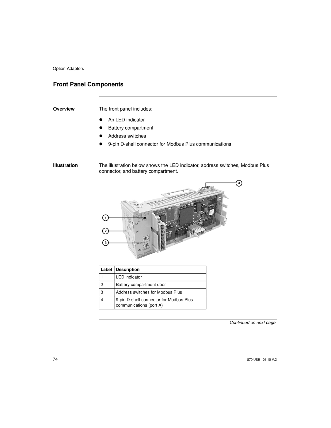 Schneider Electric Processor Adapter manual Address switches, Pin D-shell connector for Modbus Plus communications 