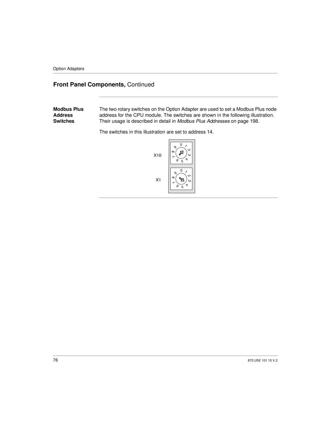 Schneider Electric Processor Adapter manual Modbus Plus, Address, Switches in this illustration are set to address 