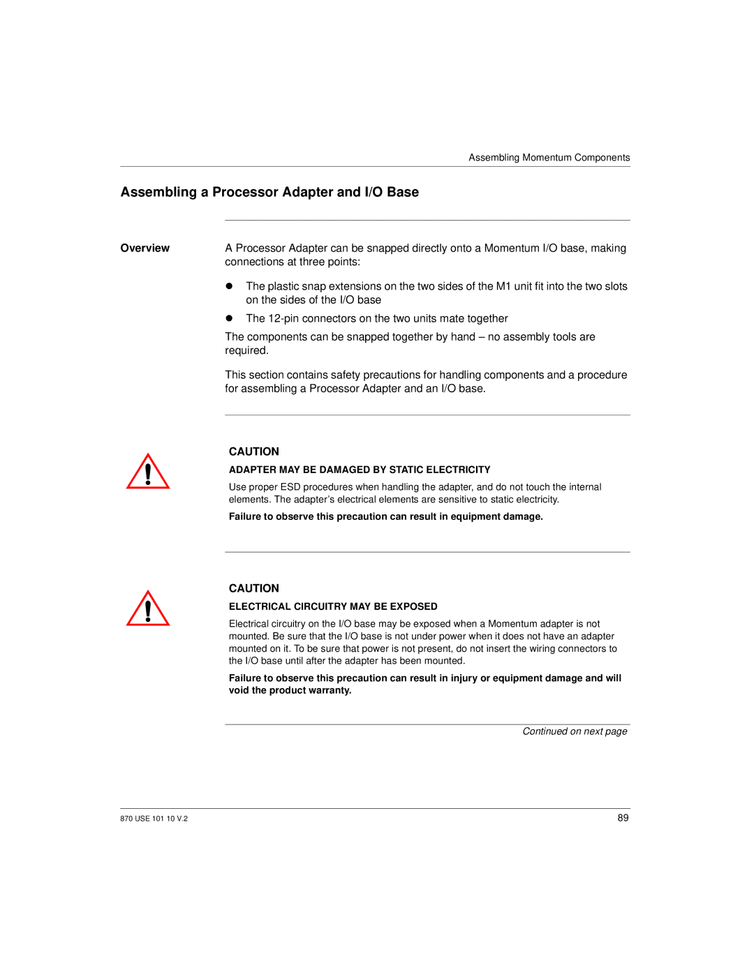 Schneider Electric manual Assembling a Processor Adapter and I/O Base, Connections at three points 