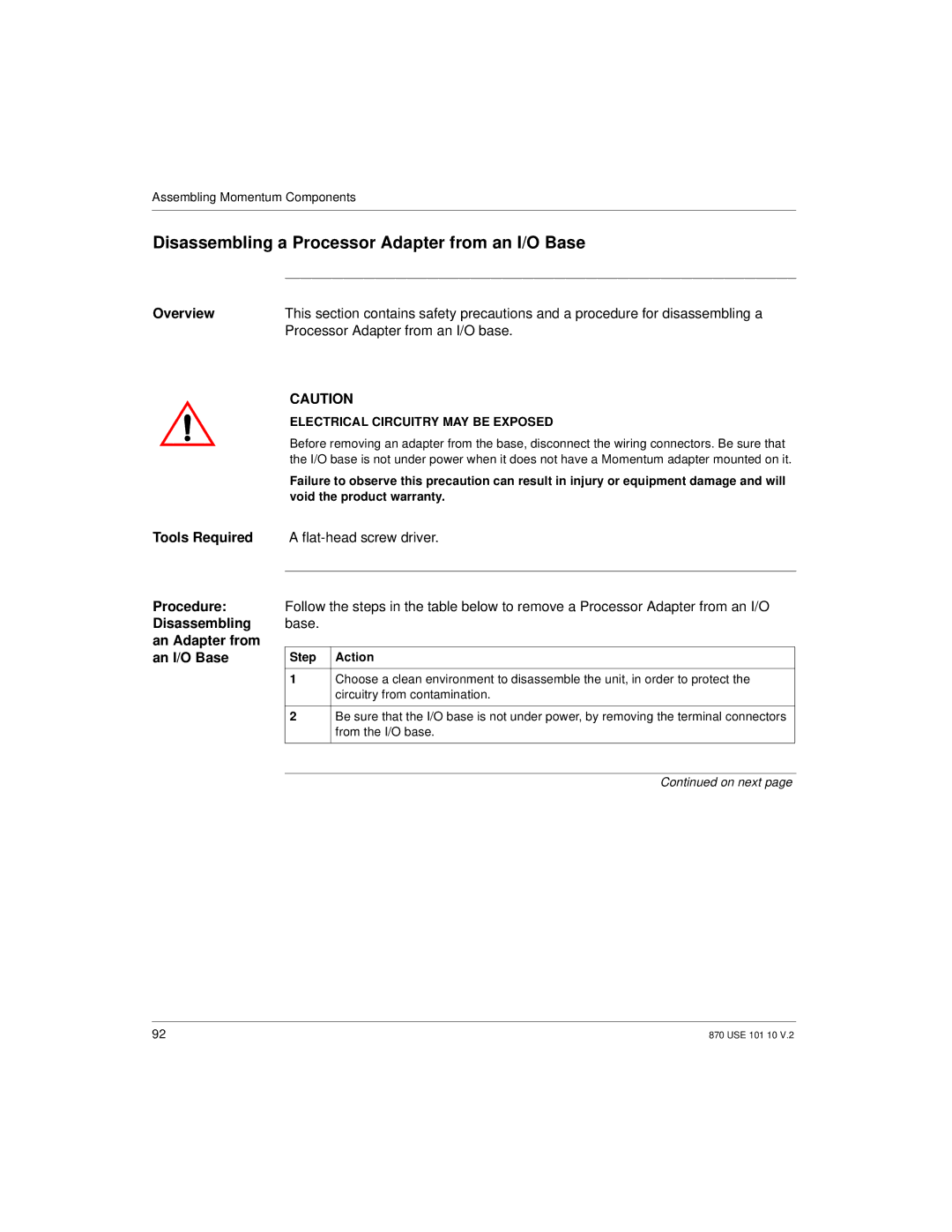 Schneider Electric Disassembling a Processor Adapter from an I/O Base, Processor Adapter from an I/O base, Step Action 