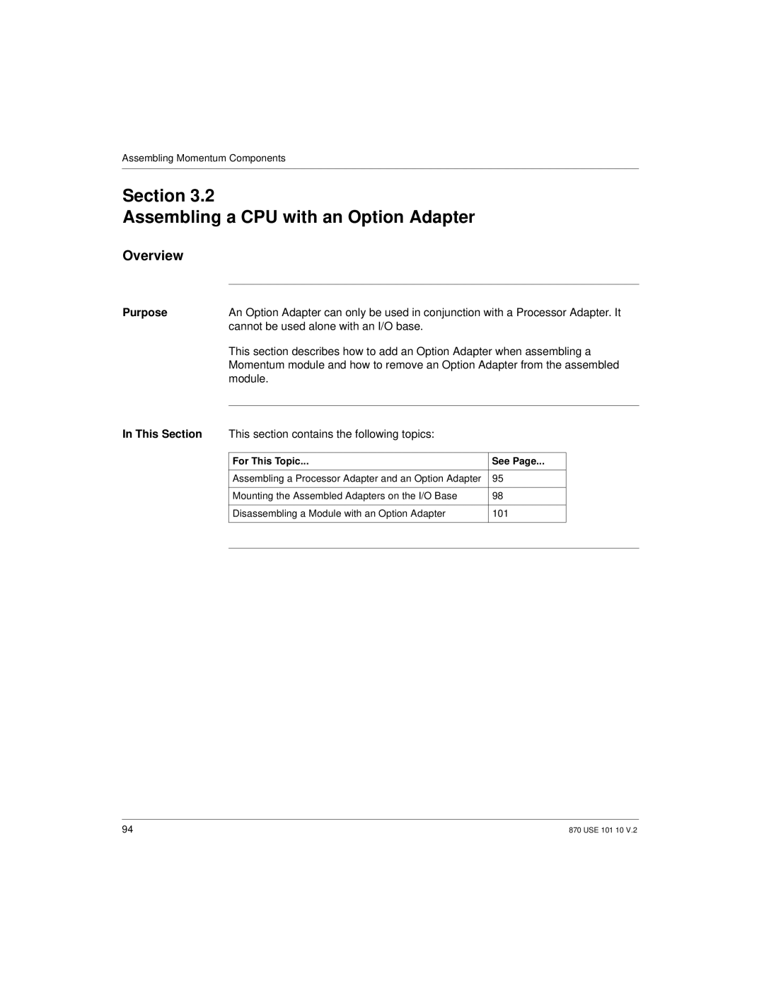 Schneider Electric Processor Adapter manual Section Assembling a CPU with an Option Adapter, Overview 