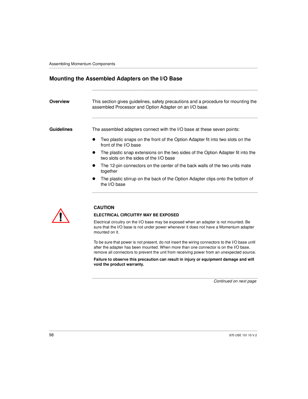 Schneider Electric Processor Adapter manual Mounting the Assembled Adapters on the I/O Base, Front of the I/O base 