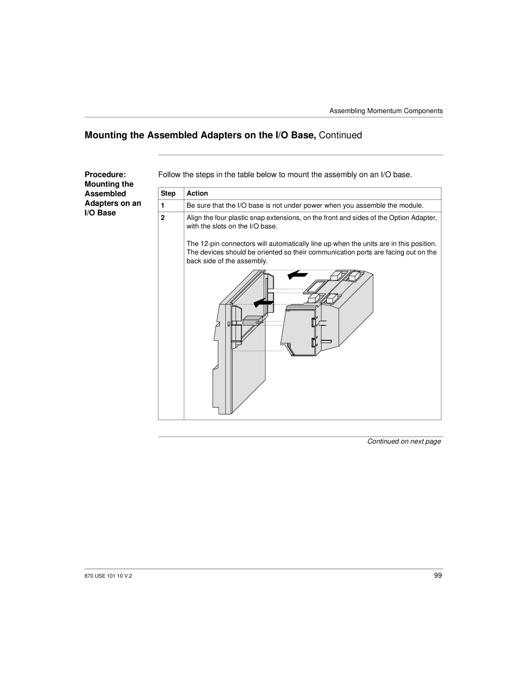 Schneider Electric Processor Adapter manual Procedure Mounting the Assembled Adapters on an I/O Base, Step Action 