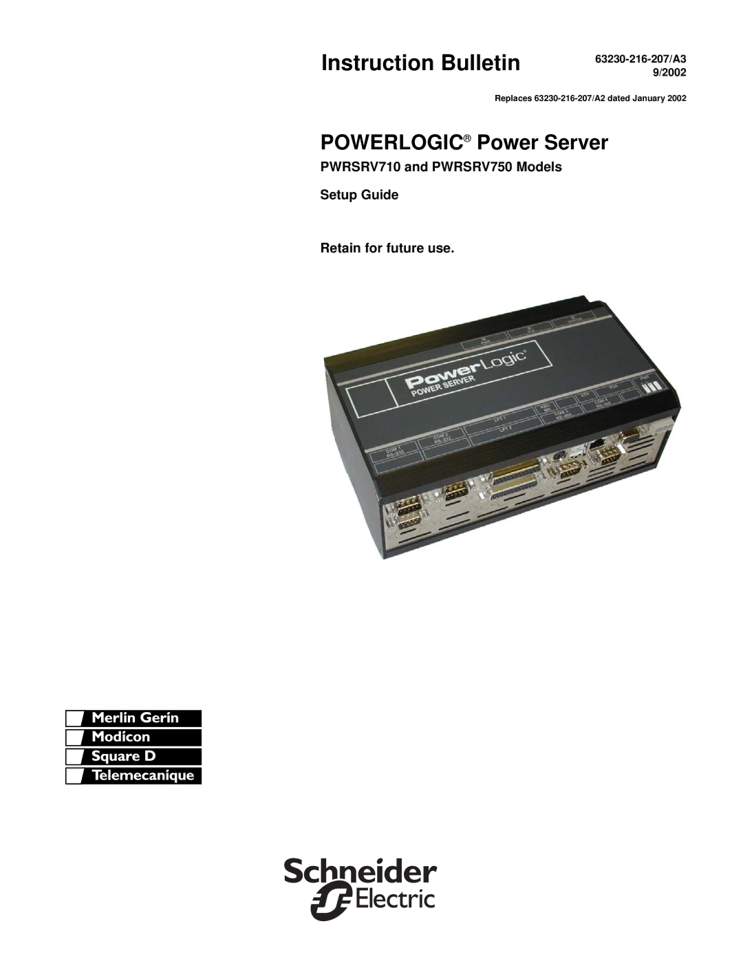 Schneider Electric PWRSRV750, PWRSRV710 setup guide Instruction Bulletin, 63230-216-207/A3 9/2002 