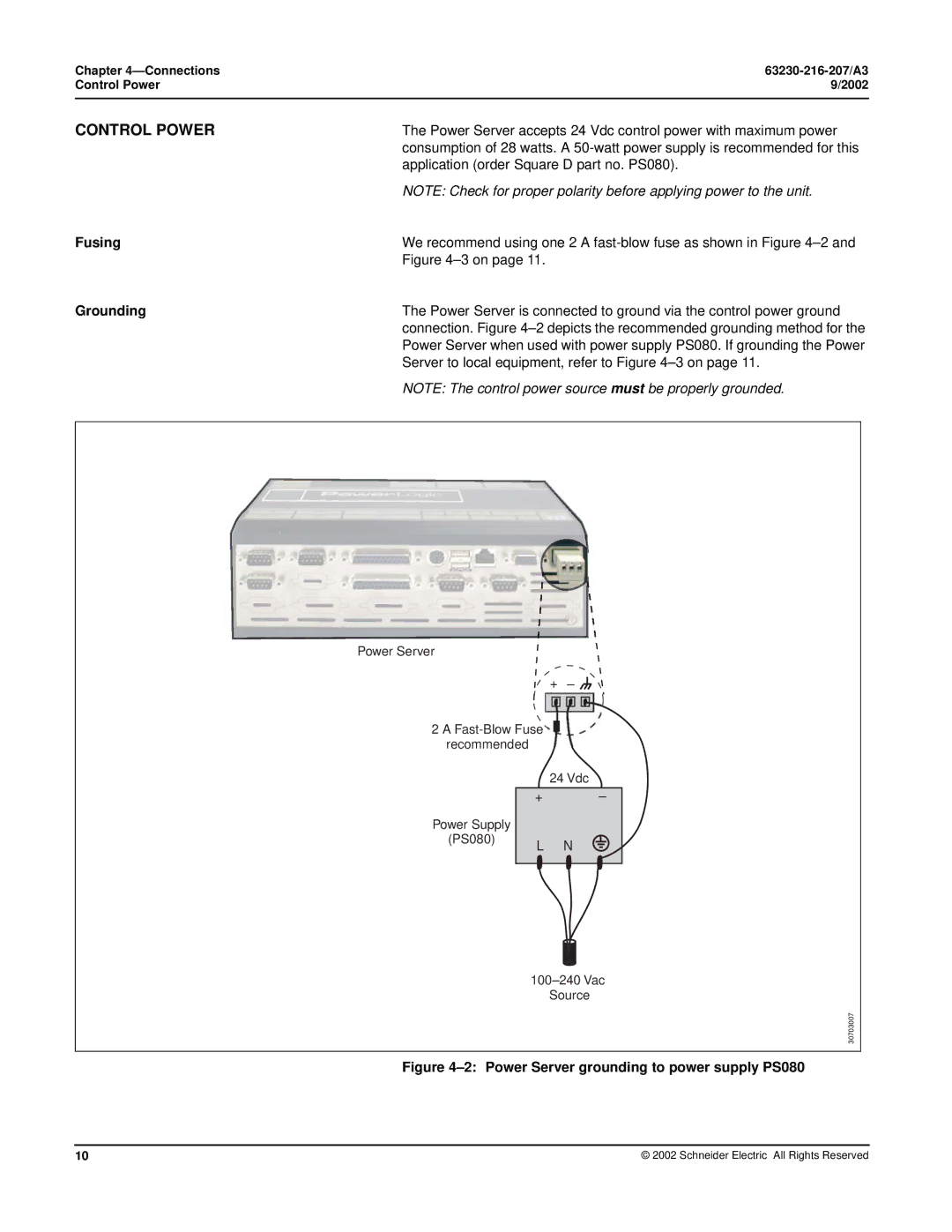 Schneider Electric PWRSRV710, PWRSRV750 setup guide Control Power, Fusing, Grounding 